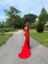Dazzling Red Sweetheart Off-The-Shoulder Straps Wedding Dresses Mermaid Column With Lace-Up Back
