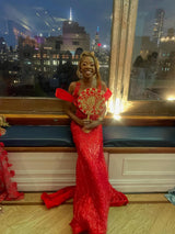 Dazzling Red Sweetheart Off-The-Shoulder Straps Wedding Dresses Mermaid Column With Lace-Up Back