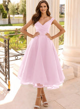 Simple Cap Shoulder A-Line Tea-Length Homecoming Dresses