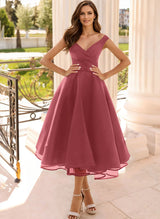 Simple Cap Shoulder A-Line Tea-Length Homecoming Dresses
