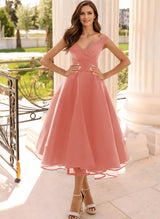 Simple Cap Shoulder A-Line Tea-Length Homecoming Dresses