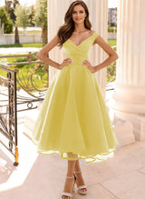 Simple Cap Shoulder A-Line Tea-Length Homecoming Dresses