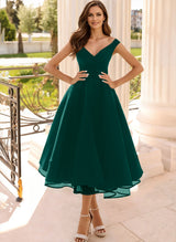 Simple Cap Shoulder A-Line Tea-Length Homecoming Dresses