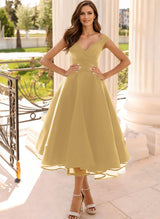 Simple Cap Shoulder A-Line Tea-Length Homecoming Dresses