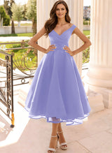Simple Cap Shoulder A-Line Tea-Length Homecoming Dresses