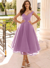 Simple Cap Shoulder A-Line Tea-Length Homecoming Dresses