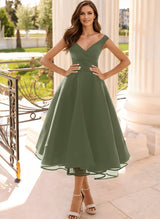 Simple Cap Shoulder A-Line Tea-Length Homecoming Dresses