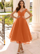 Simple Cap Shoulder A-Line Tea-Length Homecoming Dresses