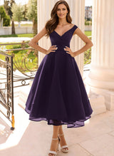 Simple Cap Shoulder A-Line Tea-Length Homecoming Dresses