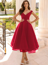 Simple Cap Shoulder A-Line Tea-Length Homecoming Dresses