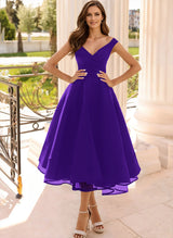 Simple Cap Shoulder A-Line Tea-Length Homecoming Dresses