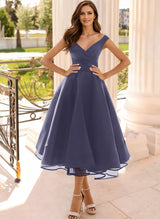 Simple Cap Shoulder A-Line Tea-Length Homecoming Dresses