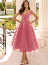 Simple Cap Shoulder A-Line Tea-Length Homecoming Dresses