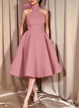 Ball-Gown Halter Sleeveless Satin(Non-Stretch) Homecoming Dresses With Bow(s)
