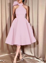 Ball-Gown Halter Sleeveless Satin(Non-Stretch) Homecoming Dresses With Bow(s)