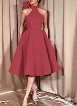 Ball-Gown Halter Sleeveless Satin(Non-Stretch) Homecoming Dresses With Bow(s)