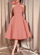 Ball-Gown Halter Sleeveless Satin(Non-Stretch) Homecoming Dresses With Bow(s)