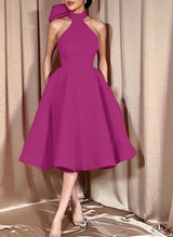 Ball-Gown Halter Sleeveless Satin(Non-Stretch) Homecoming Dresses With Bow(s)