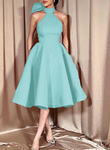 Ball-Gown Halter Sleeveless Satin(Non-Stretch) Homecoming Dresses With Bow(s)