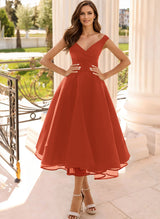 Simple Cap Shoulder A-Line Tea-Length Homecoming Dresses
