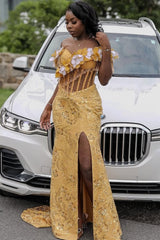 Glamorous Yellow Off-The-Shoulder Short Sleeves Mermaid Wedding Dresses Beads With High Split