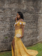 Glamorous Yellow Off-The-Shoulder Short Sleeves Mermaid Wedding Dresses Beads With High Split