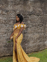 Glamorous Yellow Off-The-Shoulder Short Sleeves Mermaid Wedding Dresses Beads With High Split