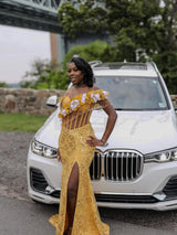 Glamorous Yellow Off-The-Shoulder Short Sleeves Mermaid Wedding Dresses Beads With High Split