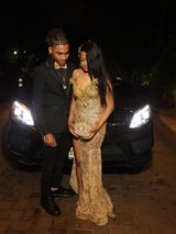 Romantic V-Neck Strapless Sleeveless Mermaid Wedding Dresses Sheath Gem With High Split