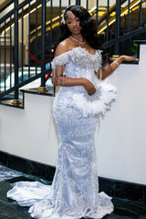 Glamorous Off-The-Shoulder Short Sleeves Mermaid Wedding Dresses Floor Length With Gem