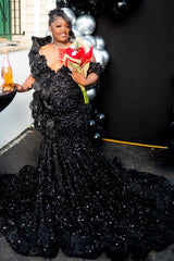 Charming Black Off-The-Shoulder Mermaid Sequin Wedding Dresses Sheath Long With Flower