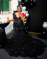 Charming Black Off-The-Shoulder Mermaid Sequin Wedding Dresses Sheath Long With Flower