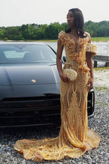 Sparkling Gold V-Neck Off-The-Shoulder Mermaid Wedding Dresses Column Long Pearl With Beads