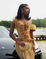 Sparkling Gold V-Neck Off-The-Shoulder Mermaid Wedding Dresses Column Long Pearl With Beads