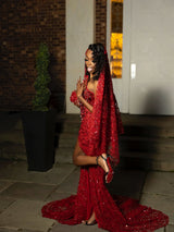Glamorous Burgundy V-Neck Strapless Sleeveless Mermaid Wedding Dresses Sheath Gem With High Split