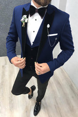 3 Piece Black-and-blue Peak Lapel Wedding Suits Tuxedos with Waistcoat-Dbrbridal