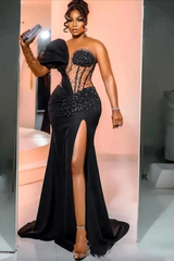 Unique One Shoulder Emerald Green High Split Floor length Wedding Dresses