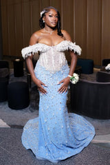Classic Sky Blue White Off-The-Shoulder Mermaid Wedding Dresses Sheath Long With Gem