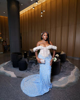 Classic Sky Blue White Off-The-Shoulder Mermaid Wedding Dresses Sheath Long With Gem