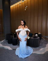 Classic Sky Blue White Off-The-Shoulder Mermaid Wedding Dresses Sheath Long With Gem