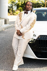 White Shawl Collar 2 Pieces Prom Suits One Button With Gold Beading