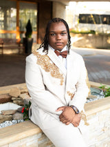 White Shawl Collar 2 Pieces Prom Suits One Button With Gold Beading