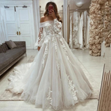 Stunning Off-the-Shoulder Long Sleeves Wedding Dress Tulle With Lace Appliques