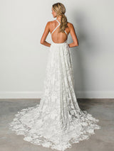 Beach Wedding Dress With Chapel Train White Chic V-Neck Sleeveless Sexy Backless Lace Split Long Bridal Gowns
