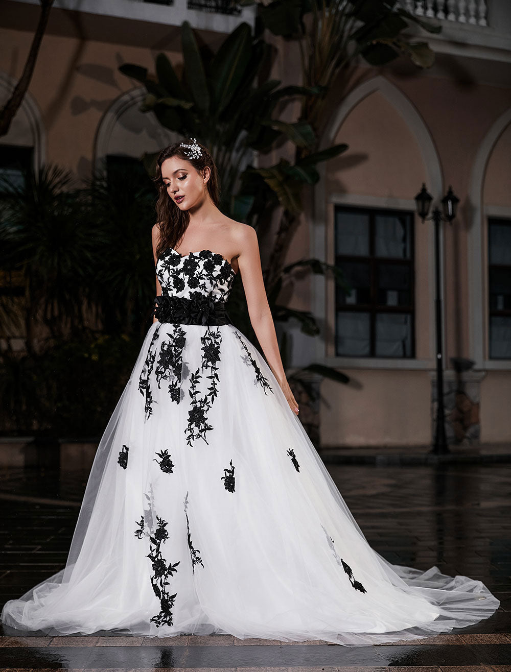 Black A-Line Wedding Dress Strapless Black Applique Sash Tulle Satin Fabric  Wedding Gown – Dbrbridal