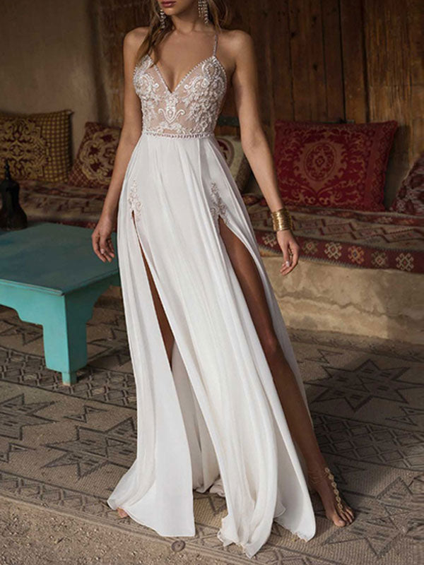 Boho Wedding Dresses lace V-Neck Sleeveless Beaded Backless double splits  Chiffon Beach Bridal Gowns – Dbrbridal