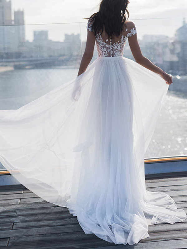 boho wedding dresses lace off the shoulder short sleeve floor length split  front bridal dress with train – Dbrbridal