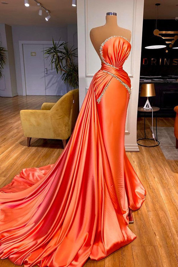 Elegant Orange Mermaid Prom Dress With Detachable Train Crystal