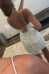 Hot V-neck White Tassels Short Straps Homecoming Dresses