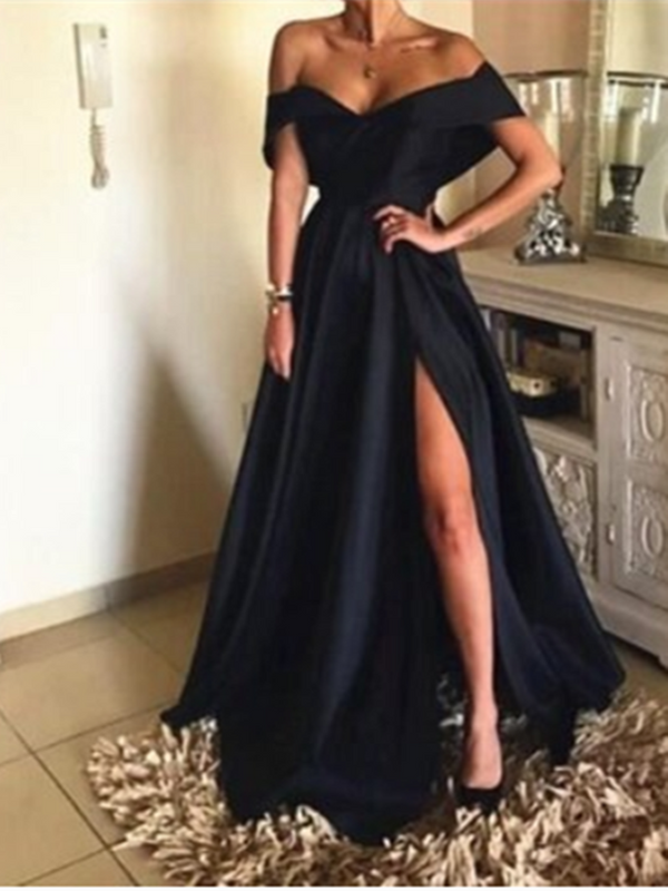 Glamorous Black Long Evening Dress With Split On Sale Off-the-Shoulder